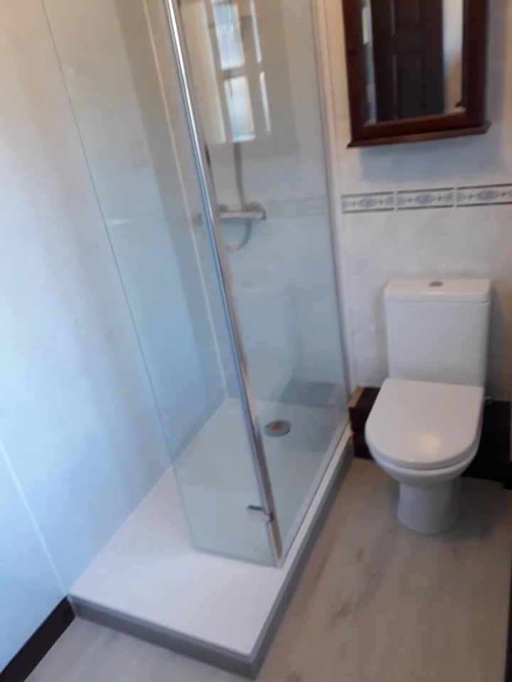 Walk-in shower with a glass screen where a bath used to be