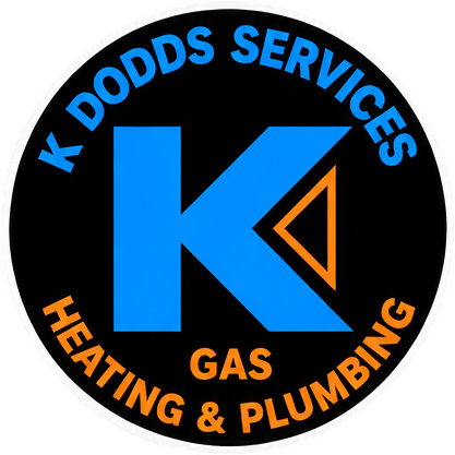 The K Dodds Services roundel logo: a blue K with an orange triangle